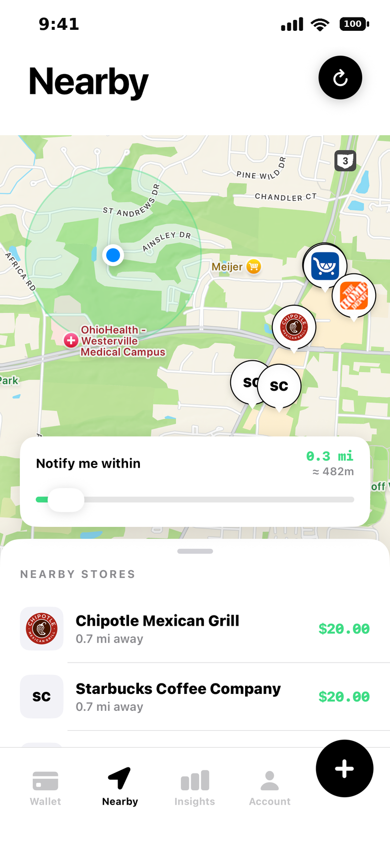Cartava Nearby tab showing a map with store pins and notification radius