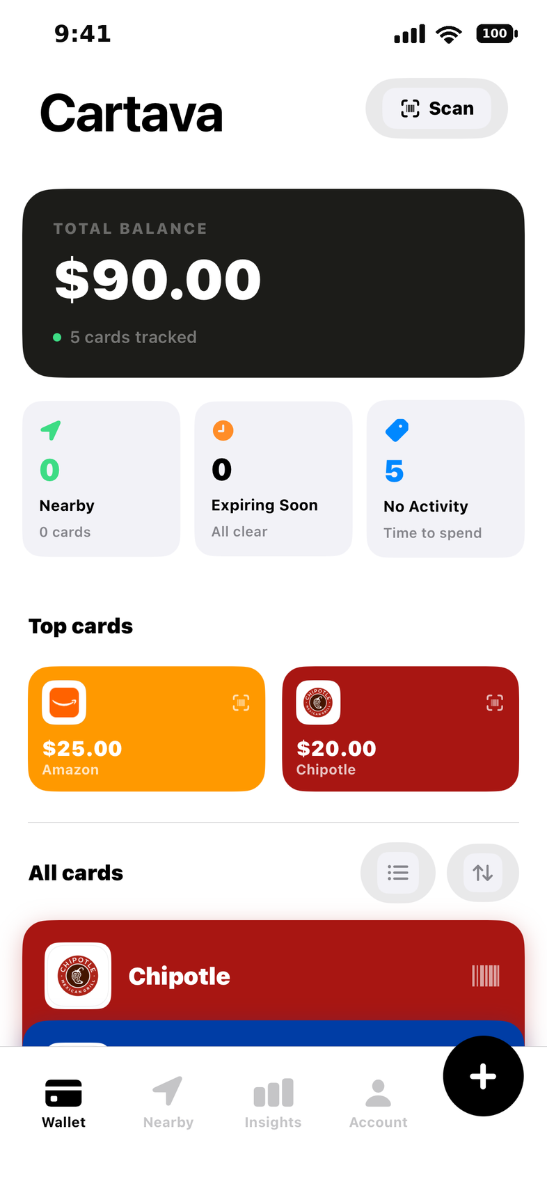 Cartava Wallet tab showing total balance and gift cards