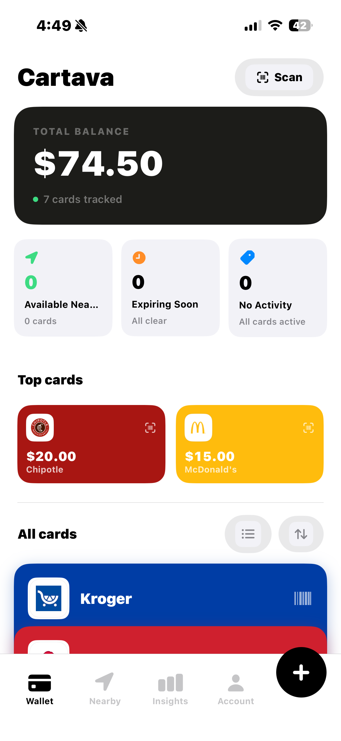 Cartava wallet screen