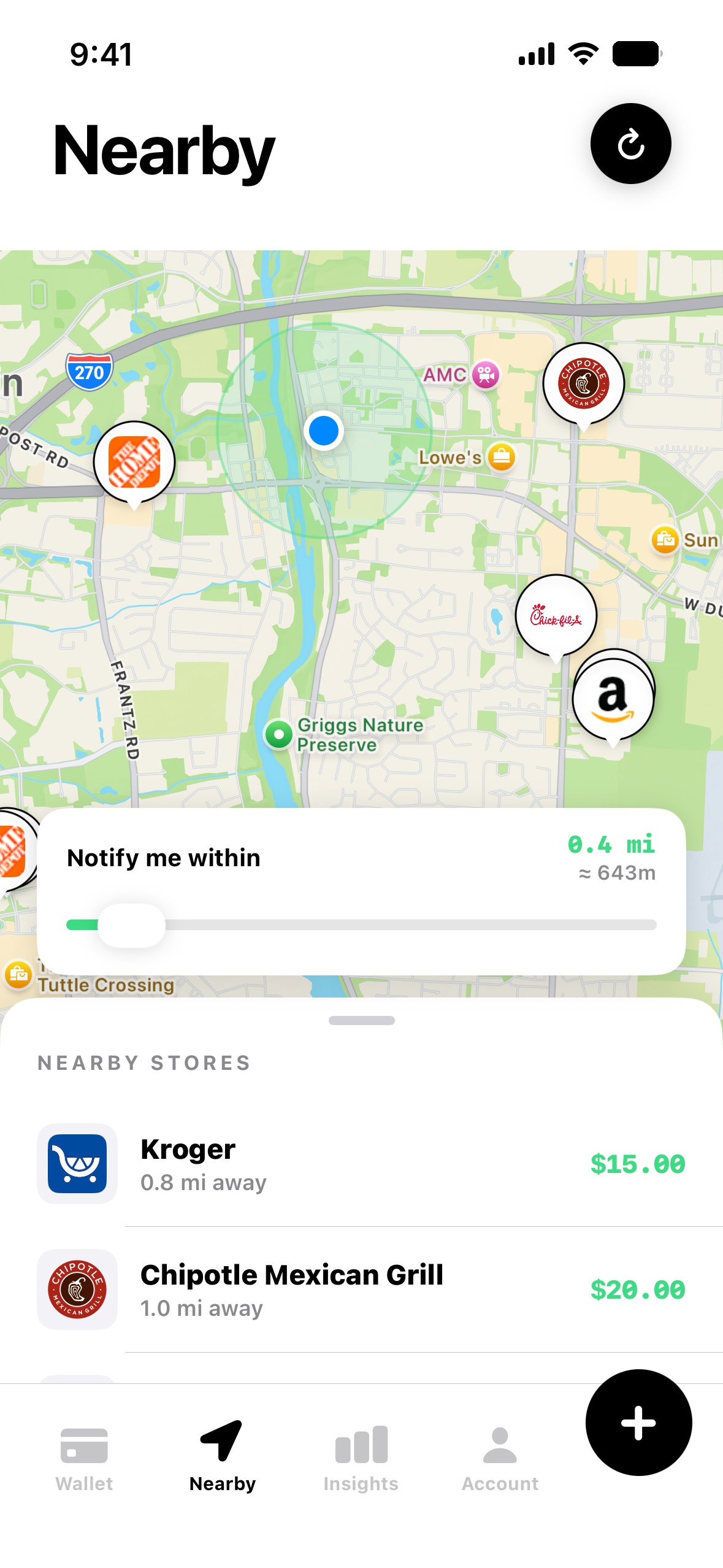 The Unspent nearby screen: a map with store pins and a list of nearby stores where you hold a balance