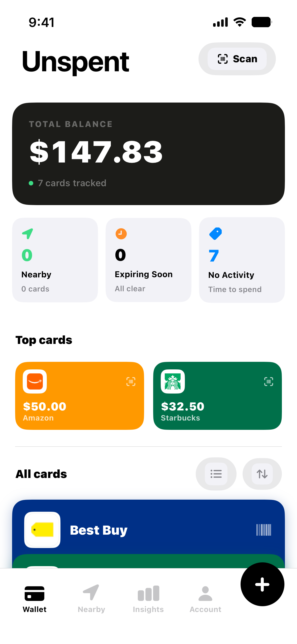 The Unspent wallet screen showing a total balance of $147.83 across seven tracked gift cards